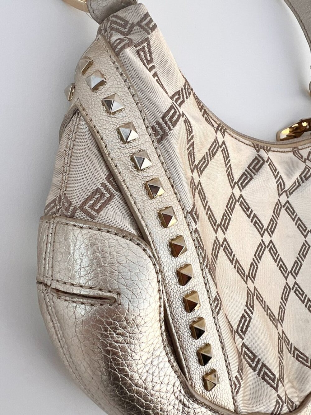 VERSACE Silver Metallic Leather Jacquard Medusa Studded Hobo Shoulder Bag - Picture 14 of 14